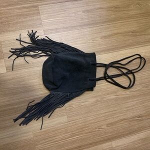 Fringed Suede Drawstring Shoulder Bag – Black
